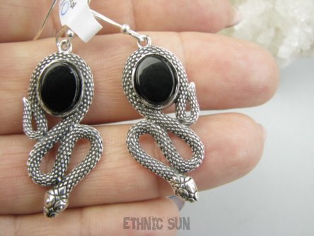 bke1290 AMULET Płodności i Mądrości Wąż - Długie 5cm CUDOWNE Kolczyki Czarny Onyks Srebro 925