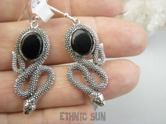 bke1290 AMULET Płodności i Mądrości Wąż - Długie 5cm CUDOWNE Kolczyki Czarny Onyks Srebro 925