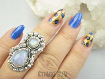 bpe9626 FENOMENALNY Czarodziejsko Piękny Długi 3.4cm Pierścionek Pierścień mieniący Kamień Księżycowy r.13 Srebro 925 #