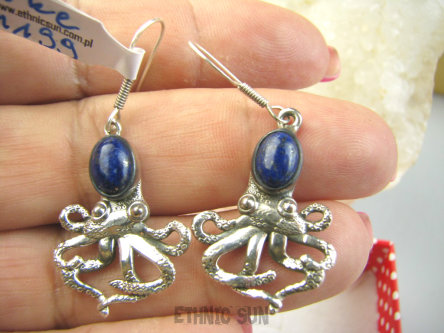 bke1199 Figlarne i przepiękne Ośmiorniczki cudowne kolczyki Ośmiornica - symbolizuje kreatywność, Lapis Lazuli SREBRO 925