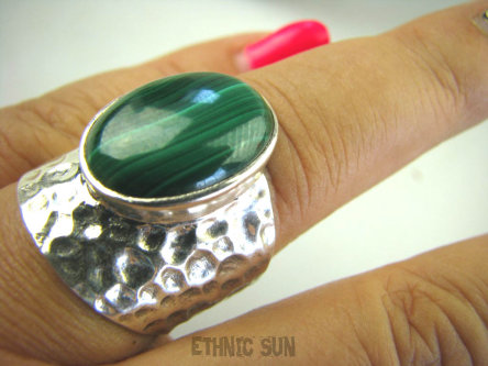 bpe6286 DUZY cudny Pierścień szeroka obrączka Malachit - pobudza kreatywność r.17 Srebro 925 #