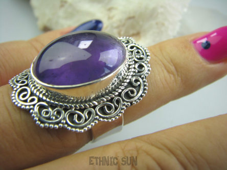 bpe5155 Biżuteria Orientalna !! Pierścień naturalny AMETYST w morskich falach - kamień mądrości (migrena, bezsenność) r.14 Srebro 925 #