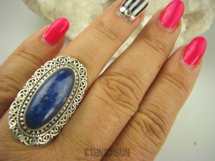 bpe6289 EGZOTYCZNA DAMA !!! Orientalny Długi Pierścień Królewski Lapis Lazuli - strażnik prawdy i mądrości r.17 Srebro 925 #