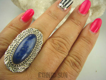 bpe6289 EGZOTYCZNA DAMA !!! Orientalny Długi Pierścień Królewski Lapis Lazuli - strażnik prawdy i mądrości r.17 Srebro 925 #