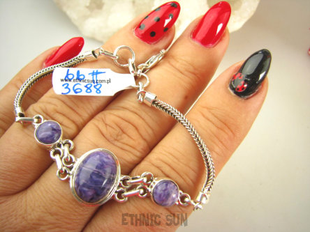 bb3688 Prześliczna Elegancka Bardzo Wygodna Delikatna Bransoleta Drogocenny Fioletowy Czaroit Srebro 925 #