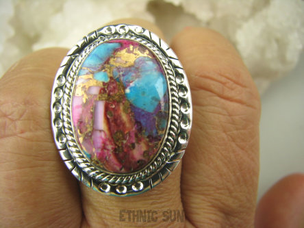 bpe7134 NIEZWYKŁA Wielobarwna Ostryga front 3,1cm Pierścień OSTRYGOWY TURKUS MIEDZIANY Turkus OSTRYGA Muszla złota MIEDZ r.18/ r.19 Srebro 925 #