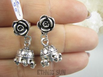 bke1255  Orientalne Róże CUDNE Kolczyki na sztyft Całe ze Srebra dzwoneczki  SREBRO 925