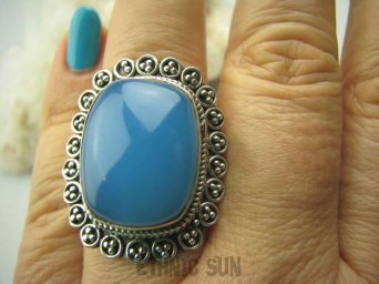 bpe4141 Piękny Błękitno - Niebieski CHALCEDON (TARCZYCA) DUŻY Pierścień r.19 Srebro 925 czakra gardła #