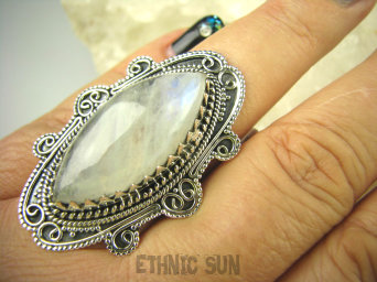 bpe6720 BAŚNIOWY KLEJNOT - Piękny Długi Regulowany Pierścień Kamień Księżycowy r.18, r.19, r.20, r.21, r.22, r.23 Srebro 925 #