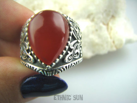 bpe5123 Obrączka Motyl - symbol szczęścia i wolności niezależności Wygodny PIERŚCIEŃ CZERWONY ONYKS  - SERCE, EGZEMY, PAMIĘĆ r.21 zdobiona obrączka Srebro 925 #