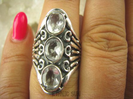 bpee3383 Długi 3,2 cm Cudny Pierścień Bezbarwny Kryształ Górski - naturalny odpromiennik r.14 SREBRO 925 #