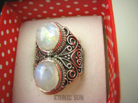 bpe8441 UWAGA MAŁY ROZMIAR r.10 Podwójna Księżycowa Piękność Egzotyczny Pierścień Pierścionek KAMIEŃ KSIĘŻYCOWY z tęczą  Srebro 925 #