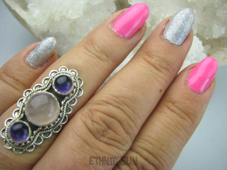 bpe5961 Śliczny delikatny Pierścień Fioletowy Ametyst - kamień mądrości, Różowy Kwarc r.15 Srebro 925 #