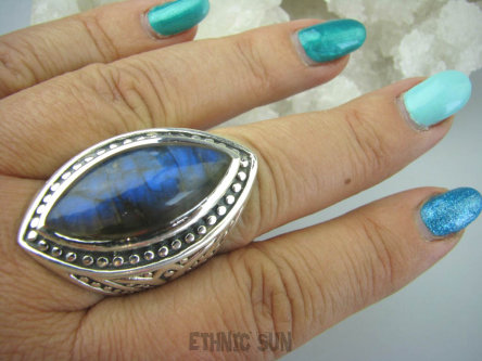 bpe5840 Masywny granatowy niebieski GIGANT 24 GRAMY !!  Duży Pierścień Labradoryt Spektrolit kamień Zorzy Polarnej r.22/r.23 Srebro 925 #