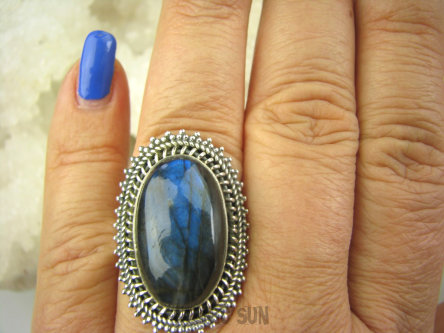 bpe7001 Czarodziejsko Piękny Orientalny Pierścień Niebieski Labradoryt Spektrolit - kamień Zorzy Polarnej r.20 Srebro 925 #