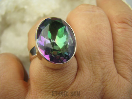 bpee4696 Śliczny Duży kamień TĘCZOWY Pierścionek PIERŚCIEŃ WIELOBARWNY MYSTIC TOPAZ r.17/ r.18 lśniące Srebro 925 #