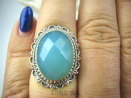 bpee3237 CACUSZKO Pierścień szlifowany niebieski Chalcedon (tarczyca) CZAKRA GARDŁA r.15 Srebro 925 #