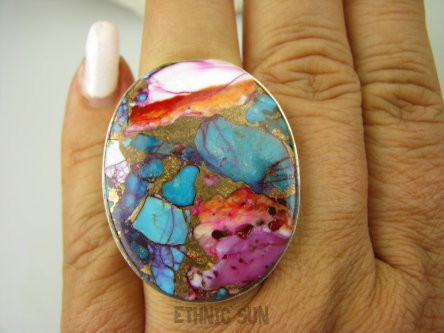 bpe8407 Boski Wielobarwny różowo- turkusowo-niebieski OKAZ 3.7 cm / 2.9 cm Pierścień OSTRYGOWY TURKUS MIEDZIANY Mojave OSTRYGA Muszla złota MIEDZ r.15 Srebro 925 #