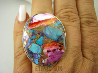 bpe8407 Boski Wielobarwny różowo- turkusowo-niebieski OKAZ 3.7 cm / 2.9 cm Pierścień OSTRYGOWY TURKUS MIEDZIANY Mojave OSTRYGA Muszla złota MIEDZ r.15 Srebro 925 #