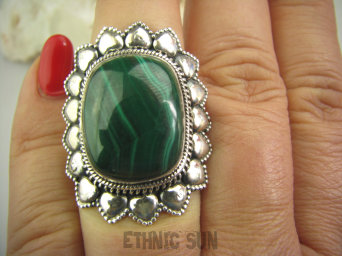 bpe4522 Orientalny Piękny WIELKI Kwiat !!! Cudowny MALACHIT W ORIENTALNEJ OPRAWIE -  Pierścień MALACHIT - pobudza kreatywność r.15 Srebro 925 #