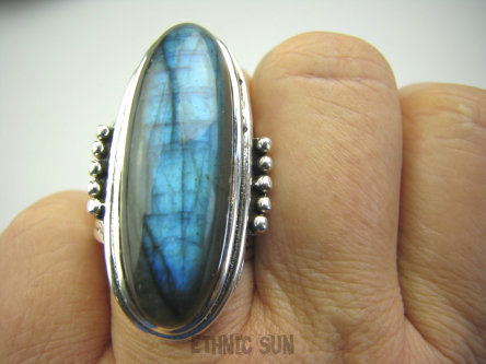 bpe4266 GRECKA BOGINI !!!! Cudowny Duży Długi 3.9 cm OKAZ Pierścień naturalny Labradoryt Spektrolit - kamień Zorzy Polarnej r.22 Srebro 925 #