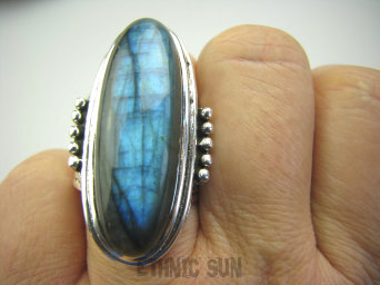 bpe4266 GRECKA BOGINI !!!! Cudowny Duży Długi 3.9 cm OKAZ Pierścień naturalny Labradoryt Spektrolit - kamień Zorzy Polarnej r.22 Srebro 925 #