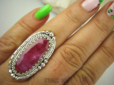 bpee3805 RUBINOWY CUDOWNY Długi 3.6 cm !! Pierścień Rubin Indyjski w orientalnej oprawie Rubiny r.18 Srebro 925 #