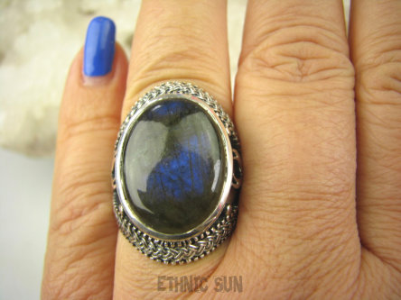 bpe6987 Egzotyczny Pierścień Szaro-czarny z poświata granatową LABRADORYT Spektrolit - kamień Zorzy Polarnej r.18 ażurowa obrączka SREBRO 925 #