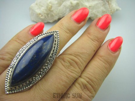 bpe5355 KRÓLEWSKI OKAZ !!! Długi OLBRZYM 5,2 cm 24 g ! Pierścień Lapis Lazuli - strażnik Prawdy i Mądrości r.13/ r.14  mały rozmiar Srebro 925 #