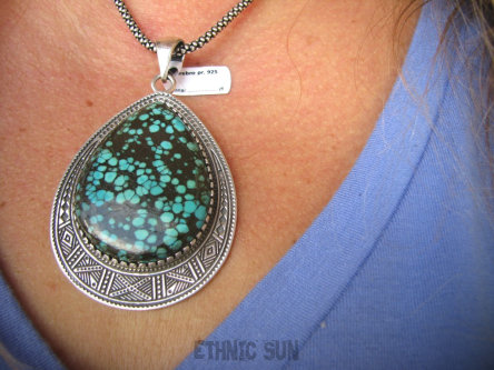 bwe3319 Morska kropla Duża 7 cm !!! 20 g UNIKAT Piękny Egzotyczny Wisior naturalny TURKUS Turkusy Marokańskie wzornictwo Maroko Srebro 925 #