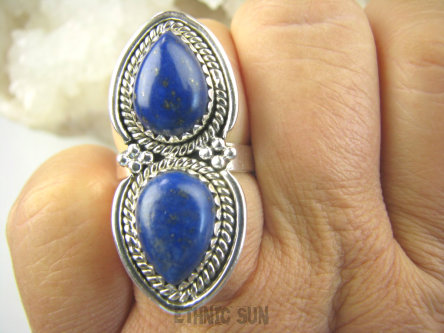 bpe8947 Orientalna Piękność Długi 3.9 cm cudownie zdobiony Pierścień Królewski Lapis Lazuli - strażnik prawdy i mądrości r.17 Srebro 925 #