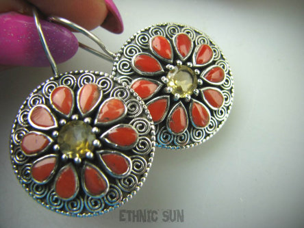 bkee851  Barokowo Zdobione Duże i Szerokie Kolczyki z koralem Złoty Cytryn - kamień antycukrzycowy, Koral - pobudza strumień miłości Srebro 925 Bigle zamknięte