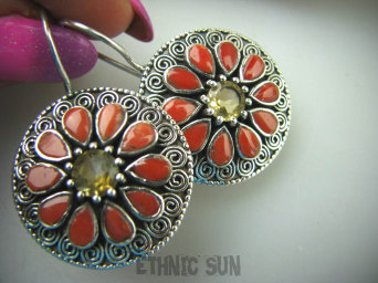 bkee851  Barokowo Zdobione Duże i Szerokie Kolczyki z koralem Złoty Cytryn - kamień antycukrzycowy, Koral - pobudza strumień miłości Srebro 925 Bigle zamknięte