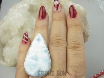 bpe9533 Wielka 4.7 cm!! 25g !! Błękitna Kropla NIEZWYKŁY OKAZ Regulowany Pierścień RZADKI LARIMAR - kamień ANIELSKI (stawy, serce lęki, otwiera czakrę gardła) r.14, r.15, r.16, r.17 Srebro 925 #