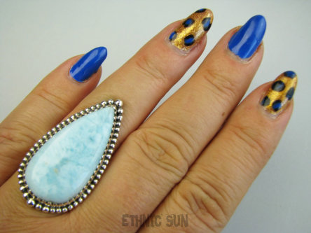 bpe9604 Bosko Piękny Długi 3.9 cm Skarb Pierścień Pierścionek Rzadki Larimar (kamień Anielski ) - stawy, serce lęki, otwiera czakrę gardła r.18 Srebro 925 #