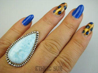 bpe9604 Bosko Piękny Długi 3.9 cm Skarb Pierścień Pierścionek Rzadki Larimar (kamień Anielski ) - stawy, serce lęki, otwiera czakrę gardła r.18 Srebro 925 #