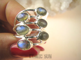 bpe8957 ZAKRĘCONA SPIRALA !!!! Ażurowy Pierścień Pierścionek potrójna obrączka Labradoryt Spektrolit r.17 Srebro 925 #