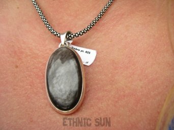 bwe3640 Cudowny KAMIEŃ OCHRONNY Klasyczny Wisior Czarny, Srebrny OBSYDIAN - chroni przed zawiścią, „złym spojrzeniem” i przed pechem Srebro 925 #