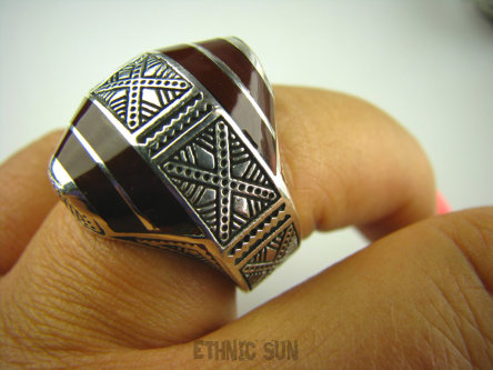 bpe3273 Wooow MAROKAŃSKI Zabójczo Piękny PIERŚCIEŃ SYGNET Brązowa Emalia Jubilerska r.20 Srebro 925 BOSKIE WZORNICTWO #