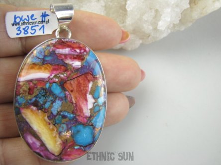 bwe3851 FANTASTYCZNY duży wisior 6,3cm /3,6cm Wielobarwny aż 20G OSTRYGOWY TURKUS MIEDZIANY Mojave OSTRYGA Muszla złota MIEDZ Srebro 925 #