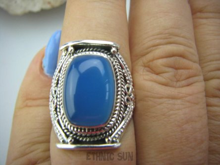 bpe5312 Egzotyczny Pierścień Chalcedon (tarczyca) CZAKRA GARDŁA r.18 Srebro 925 #