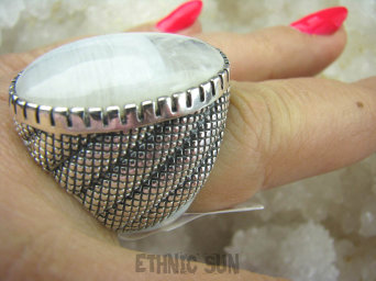 bpe5745 DUŻY Masywny 21 gramów !! Pierścień Mleczno Biały KAMIEŃ KSIĘŻYCOWY r.21/ r.22 szeroka zdobiona obrączka Srebro 925 #