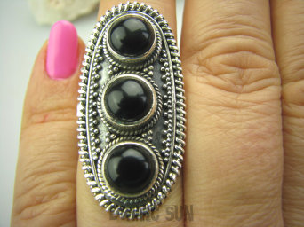 bpe4380 Potrójny ONYKS Duży Długi 3,8 cm Pierścień z Onyksem, Onyks - kamień zadaniowy r.17/ r.18 SREBRO 925 #