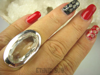 bpee3717 Kryształowy kapelusz BŁYSZCZĄCY Klejnot Duży 3,3 cm Pierścień KRYSZTAŁ GÓRSKI - naturalny odpromiennik r.16 w szerokiej otoczce ze srebra Srebro 925 #