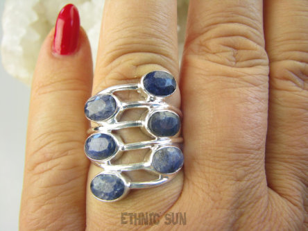 bpee4128 ZAKRĘCONA SPIRALA !!!! Ażurowy Pierścień Pierścionek potrójna obrączka Szafir Indyjski Szafiry r.18 Srebro 925 #