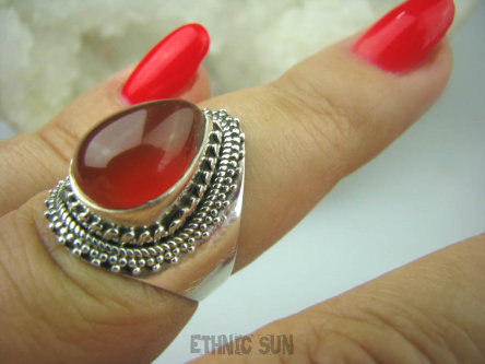 bpe6074 Biżuteria Orientalna - Delikatny OKAZ Pierścień Czerwony Onyks - regeneruje SERCE, EGZEMY, PAMIĘĆ r.14 Srebro 925