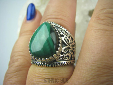 bpe5885 Obrączka Motyl - symbol siły i niezależności !!! Wygodny Piękny Pierścień zdobiona obrączka zielony MALACHIT - pobudza kreatywność r.17 Srebro 925 #