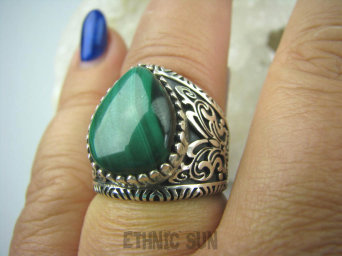 bpe5885 Obrączka Motyl - symbol siły i niezależności !!! Wygodny Piękny Pierścień zdobiona obrączka zielony MALACHIT - pobudza kreatywność r.17 Srebro 925 #