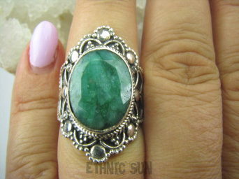 bpee3331 SZMARAGDOWY KLEJNOT - Piękny Egzotyczny OKAZ Pierścień Zielony Szmaragd Indyjski Szmaragdy r.14 Srebro 925 #