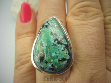 bpe4191 Zielono-czarny Piękny Pierścień Rzadkość Unikat Shattuckit - kamień intuicji i zdolności psychicznych r.17 Srebro 925 #